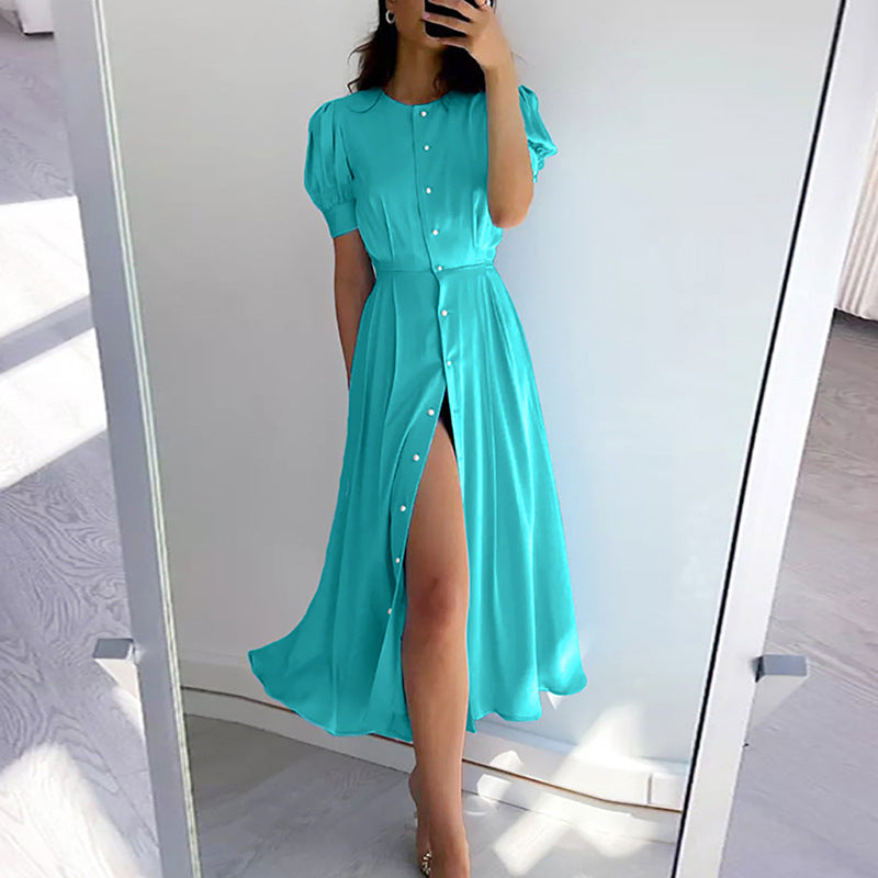 Robe maxi femme avec encolure boutonnée et fente latérale Levoire