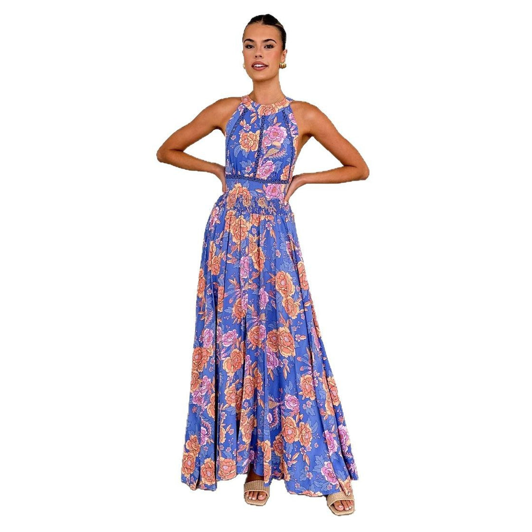 Robe Maxi Élégante pour Femmes avec Accents Floraux et Dos Nue Levoire
