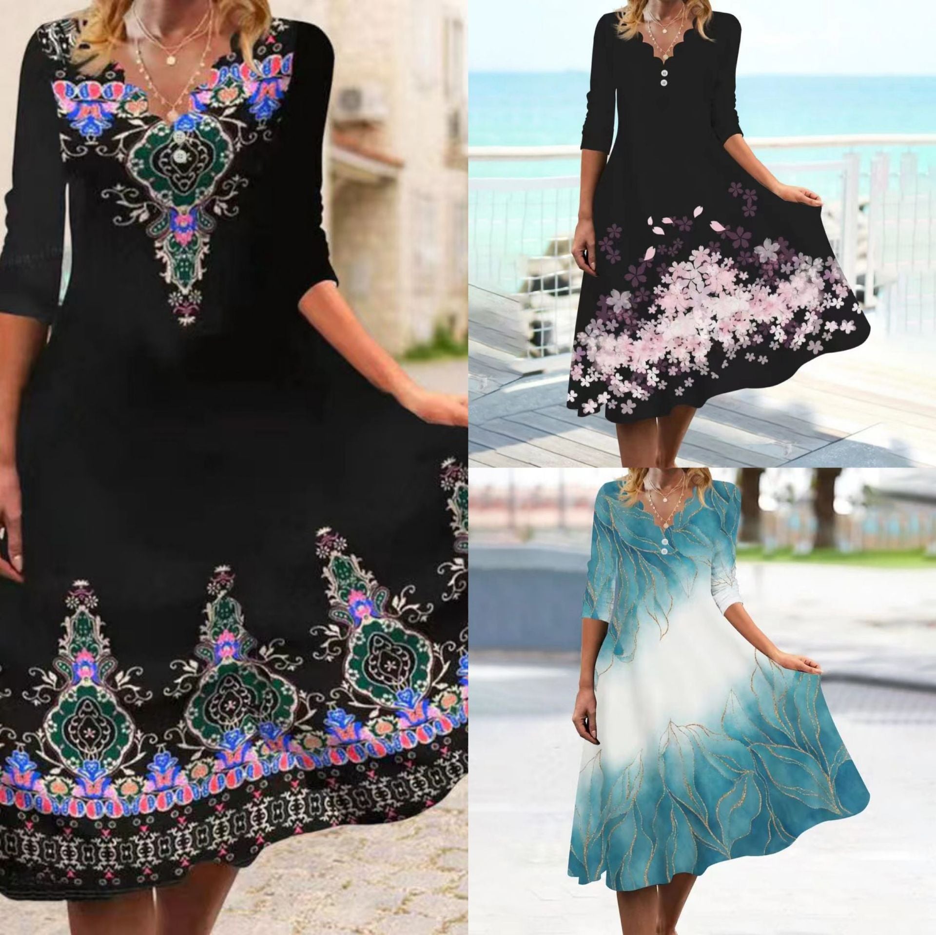 Levoire | Élégante robe mi-longue à manches avec imprimé printanier