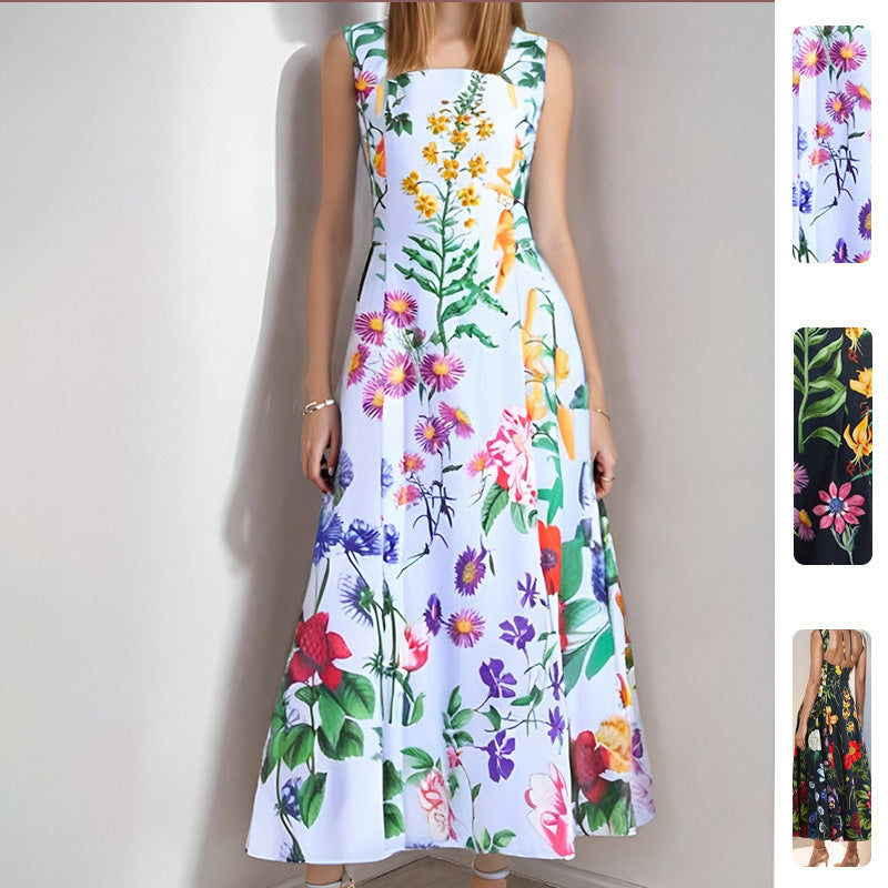 Robe maxi embellie floral pour femmes avec encolure carrée et jupe fluide Levoire