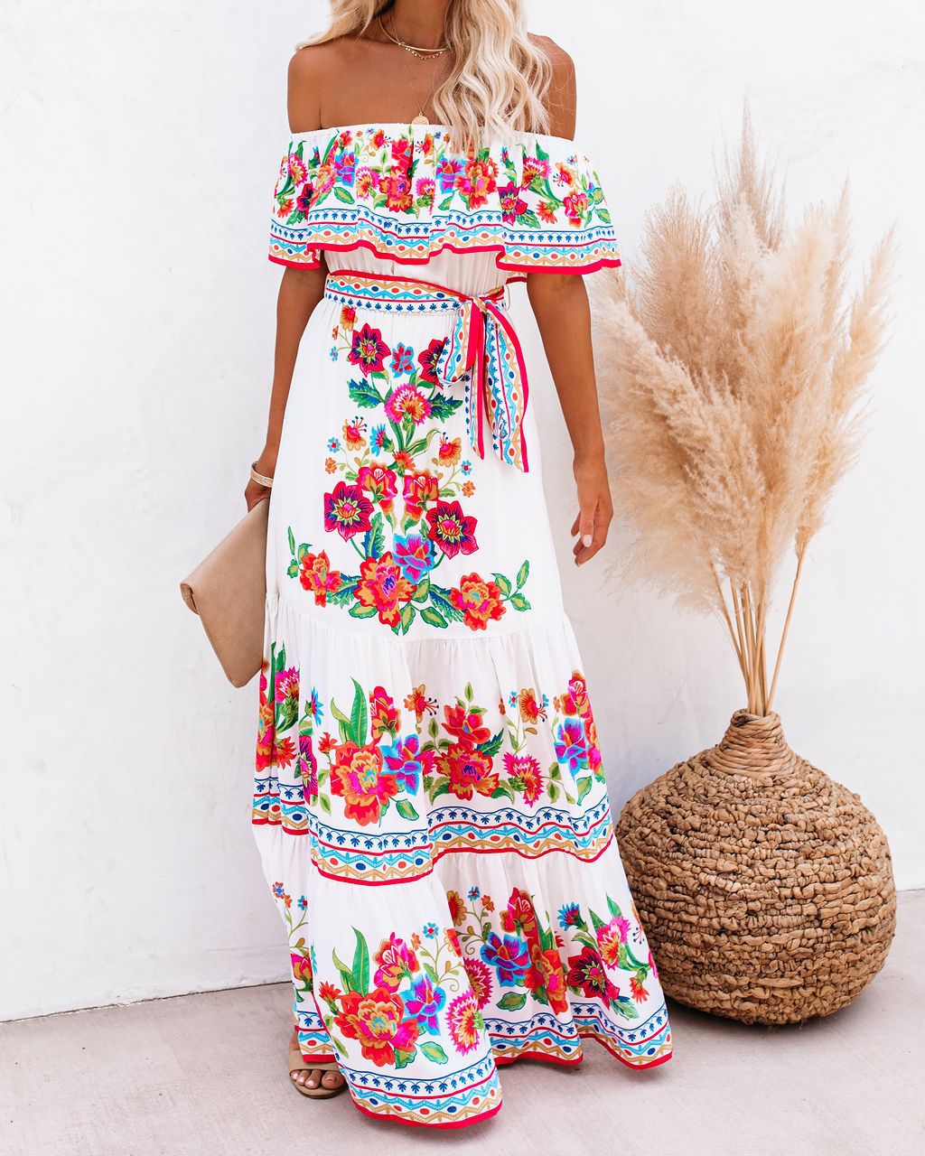 Levoire | Robe maxi fluide élégante imprimée Blanc et rouge
