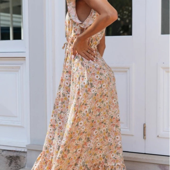 Robe maxi femme avec un délicat imprimé floral et des détails en volants Levoire
