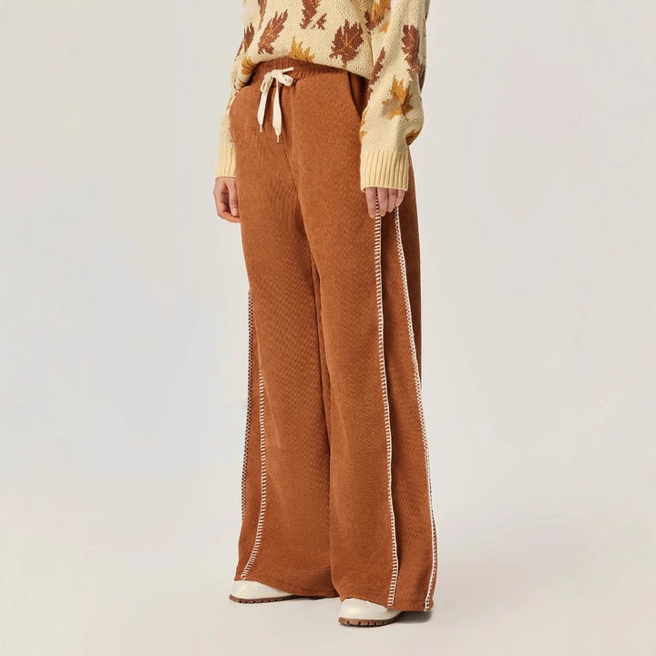 Pantalons décontractés à coupe large pour femmes en velours doux avec une taille élastique et un cordon décoratif Levoire