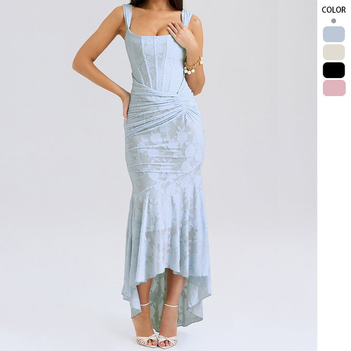 Robe Maxi Bateau Élegante pour Femmes avec Texture Florale et Ourlet Asymétrique Levoire
