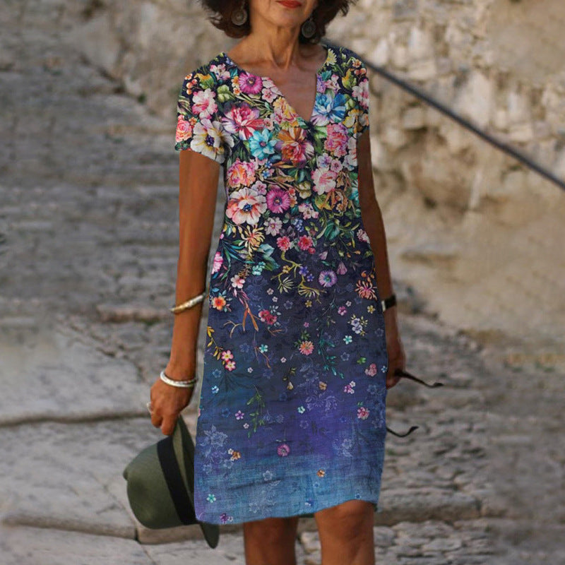 Levoire | Robe à col en V imprimée élégante à manches courtes 15 fleurs bleues