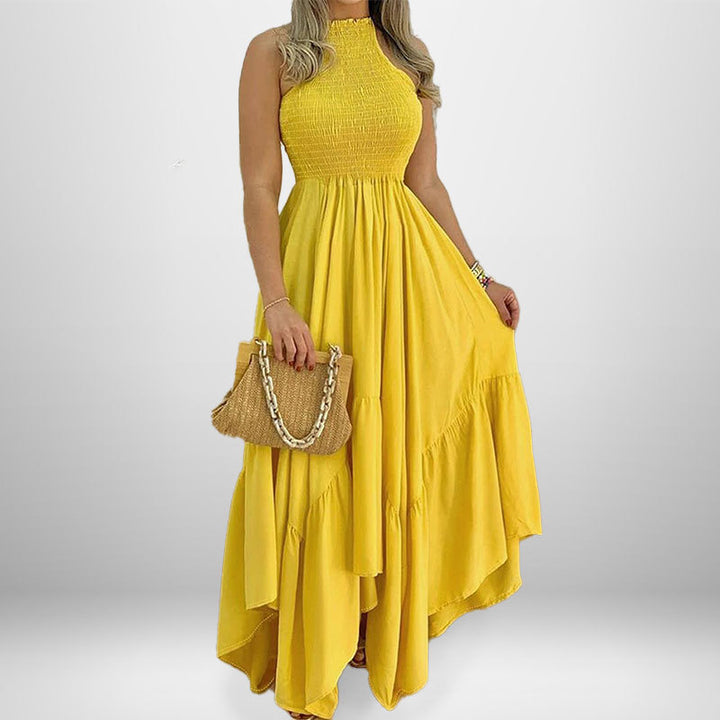 Robe maxi élégante pour femmes avec col haut et jupe fluide Levoire