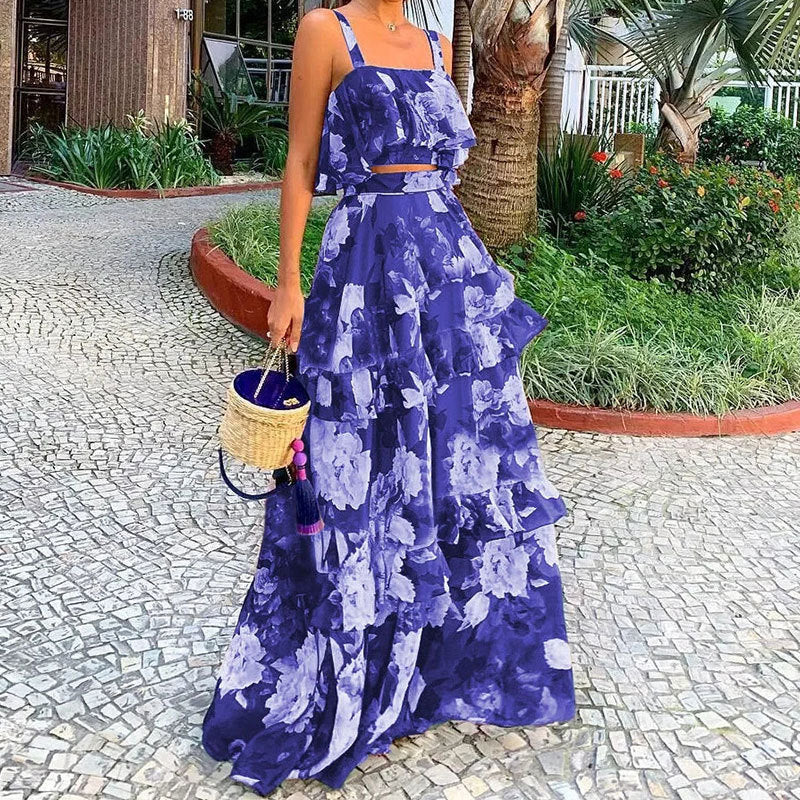 Robe Maxi Femme avec Motif Floral et Volants Levoire