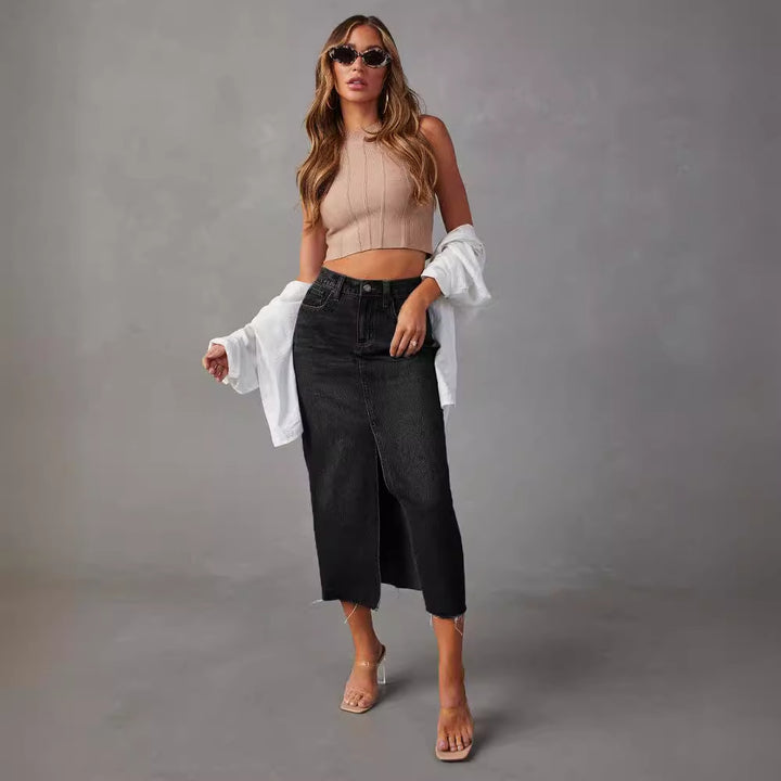 Robe crayon pour femmes à taille haute en denim avec fente latérale Levoire