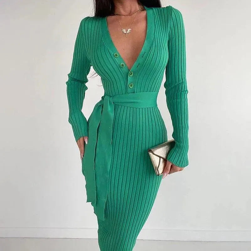 Levoire | Robe femme avec bouton à la taille, fine tricot rayé