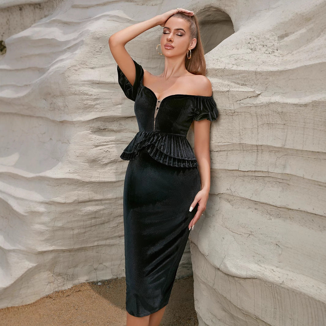 Robe de soirée pour femme sur mesure avec design off-shoulder et détails en volants Levoire