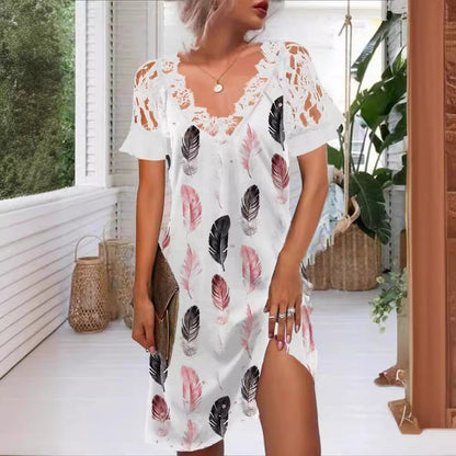 Levoire | Robe imprimée à encolure en V avec des détails en dentelle élégants