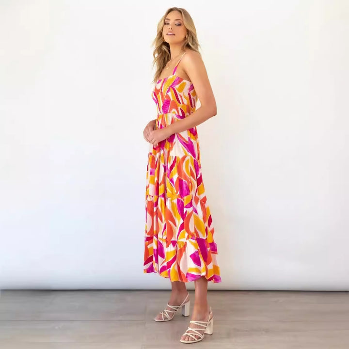 Robe maxi inspirée du boho pour femmes avec motif floral coloré et haut élastique Levoire