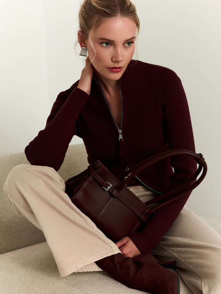 Pull Femme Col Standing avec Fermeture Éclair et Structure Côtelée Levoire