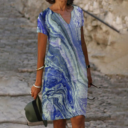 Levoire | Robe à col en V imprimée élégante à manches courtes 22# sable ondulant violet