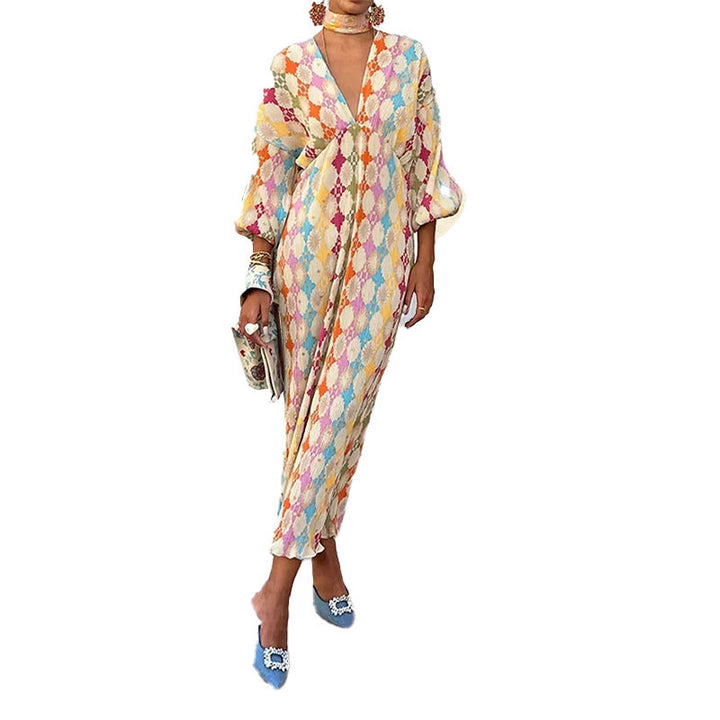 Robe maxi pour femmes avec des motifs géométriques modernes et des manches volumineuses Levoire