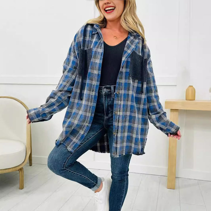 Chemise Veste à Carreaux Oversized pour Femmes avec Détails Frangés Levoire