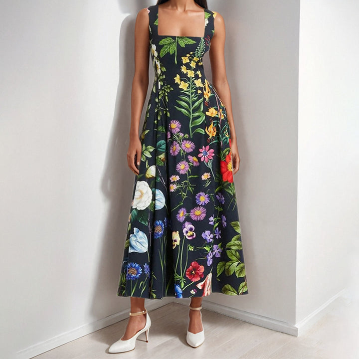 Robe maxi embellie floral pour femmes avec encolure carrée et jupe fluide Levoire