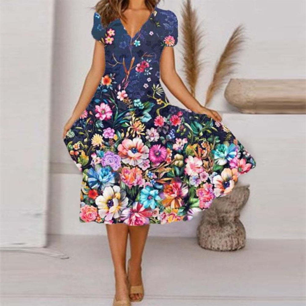 Levoire | Élégance Rentous Impression Robe à col V Style urbain Bleu marine