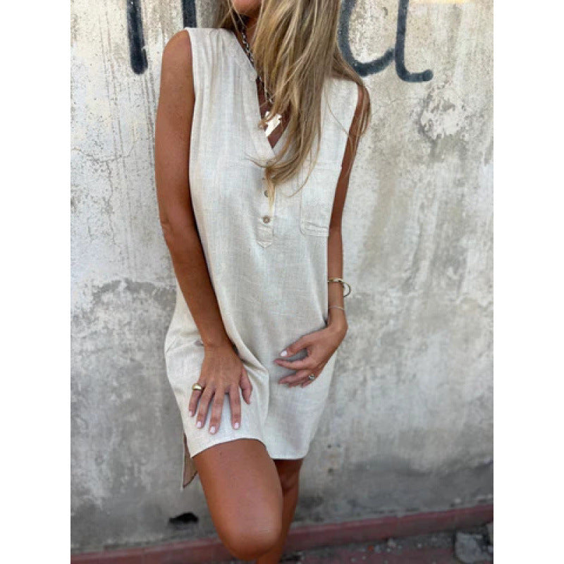 Levoire | Robe en lin Décontractée H ample Sans manches Robe en lin Off-white