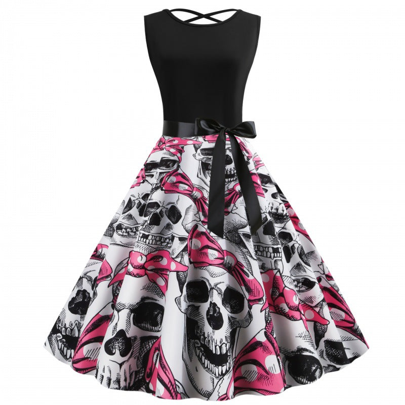 Robe rockabilly pour femmes avec motif de skull et jupe volumineuse Levoire