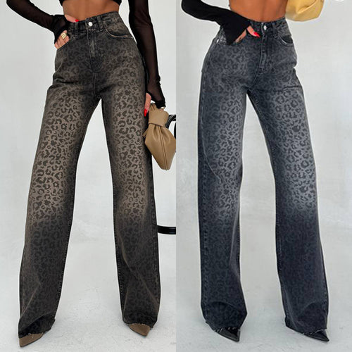 Jeans large taille haute imprimé léopard pour femmes Levoire