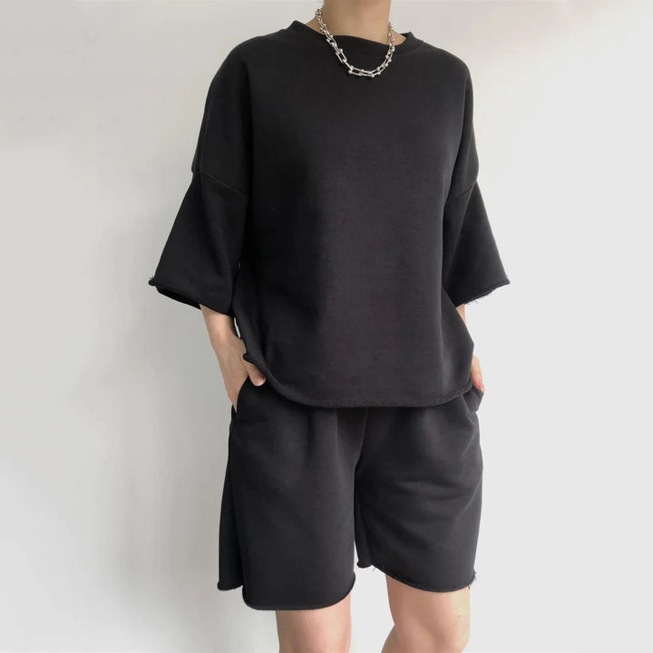 Levoire | Ensemble à deux pièces shorts lié à manches courtes décontracté noir