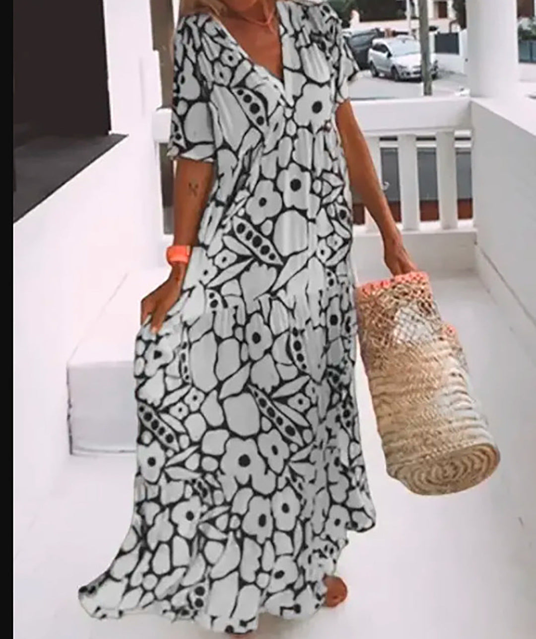 Levoire | Robe imprimée Robe longue à manches courtes imprimée Noir