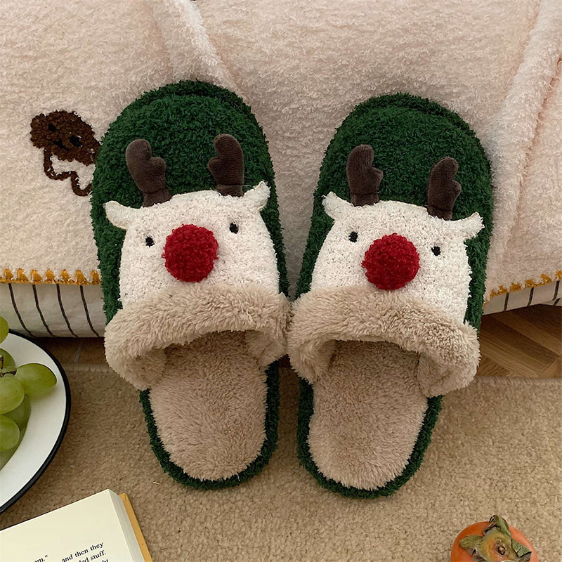 Levoire | Amusant Épais Chaud Chaussons Imprimé Renne Pour Femmes Vert
