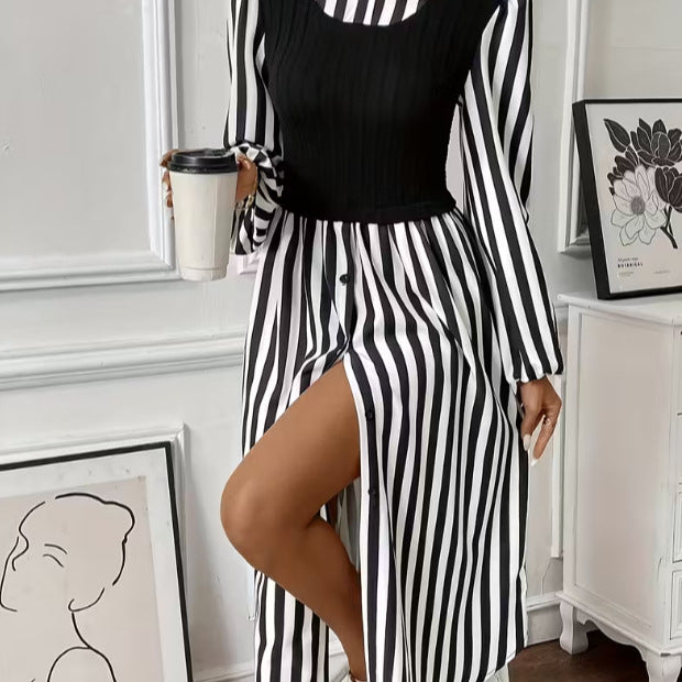 Robe rayée pour femmes avec haut ajusté et patte de boutonnage Levoire
