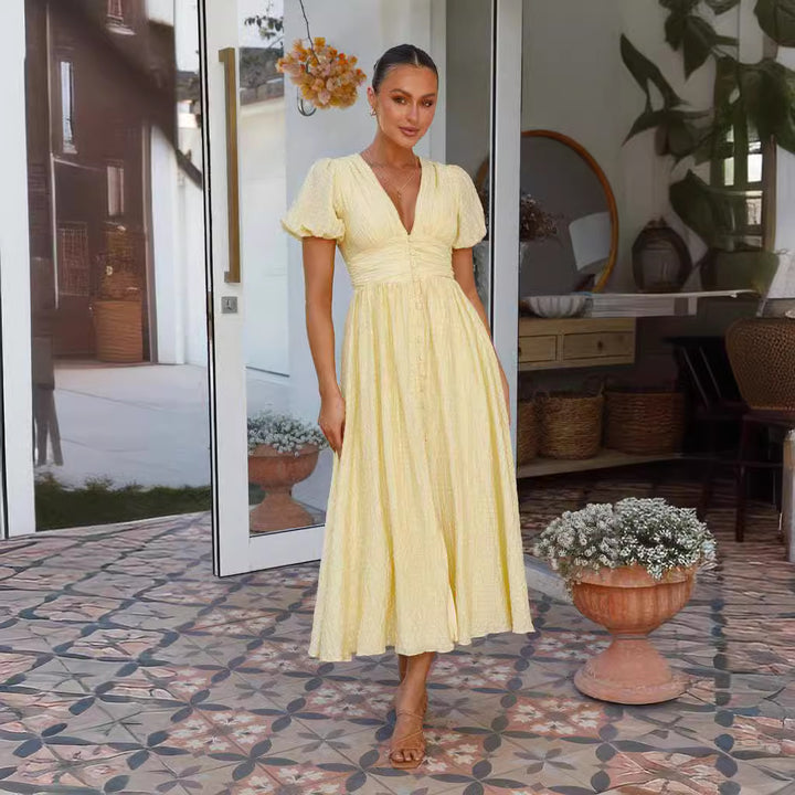 Robe Maxi Femme avec Décolleté en V Romantique et Design de Volants Festifs Levoire