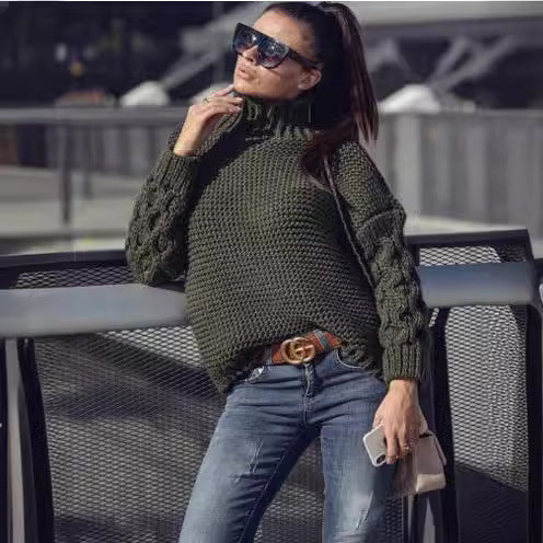 Pull en tricot pour femmes avec col montant et manches volumineuses Levoire