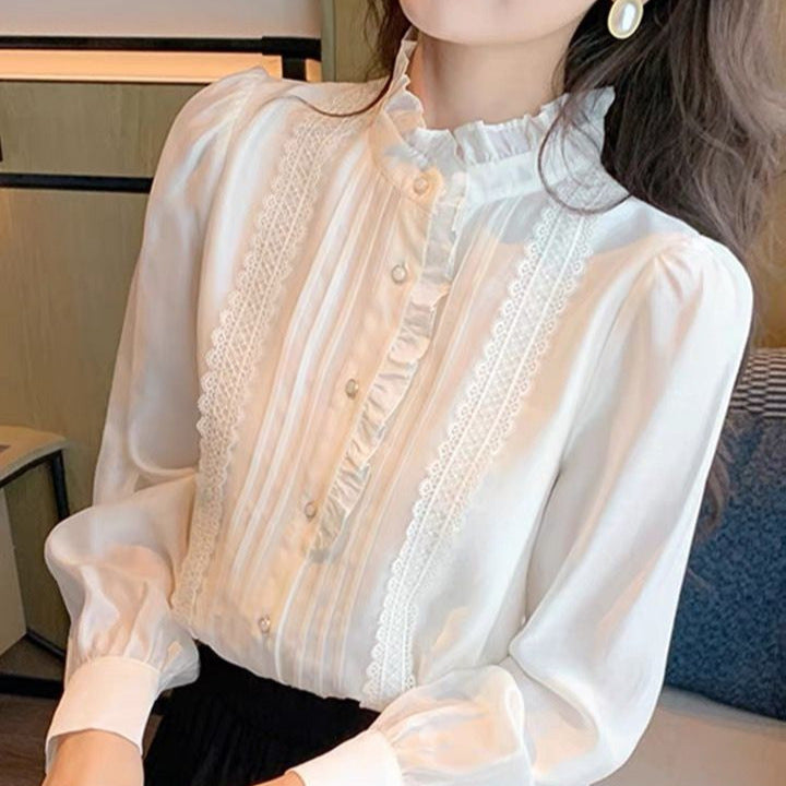 Blouse en Soie de Mûrier avec Col Montant et Volants