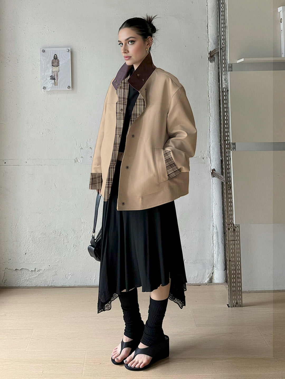 Veste surdimensionnée tendance pour femmes avec doublure à carreaux et col haut Levoire