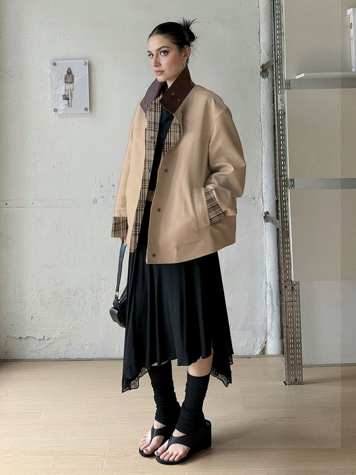 Veste surdimensionnée tendance pour femmes avec doublure à carreaux et col haut Levoire
