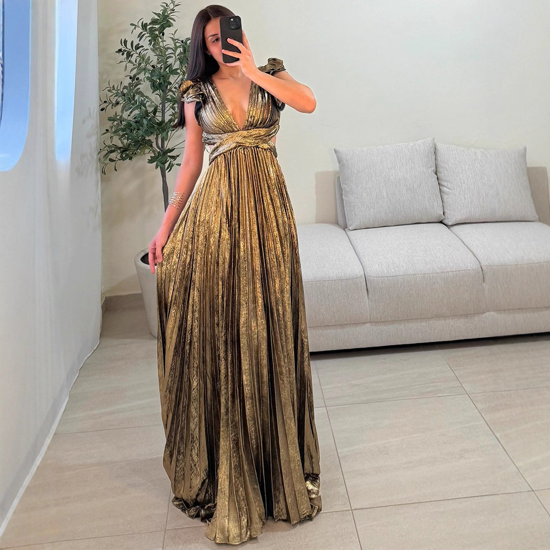 Robe Maxi Élégante Femme avec Décolleté en V Profond et Détails Volants Levoire