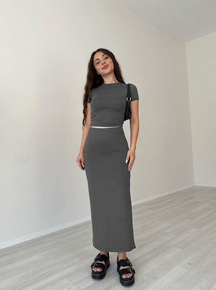 Levoire | Gris Col Rond Top Court Et Jupe Ensemble XXL