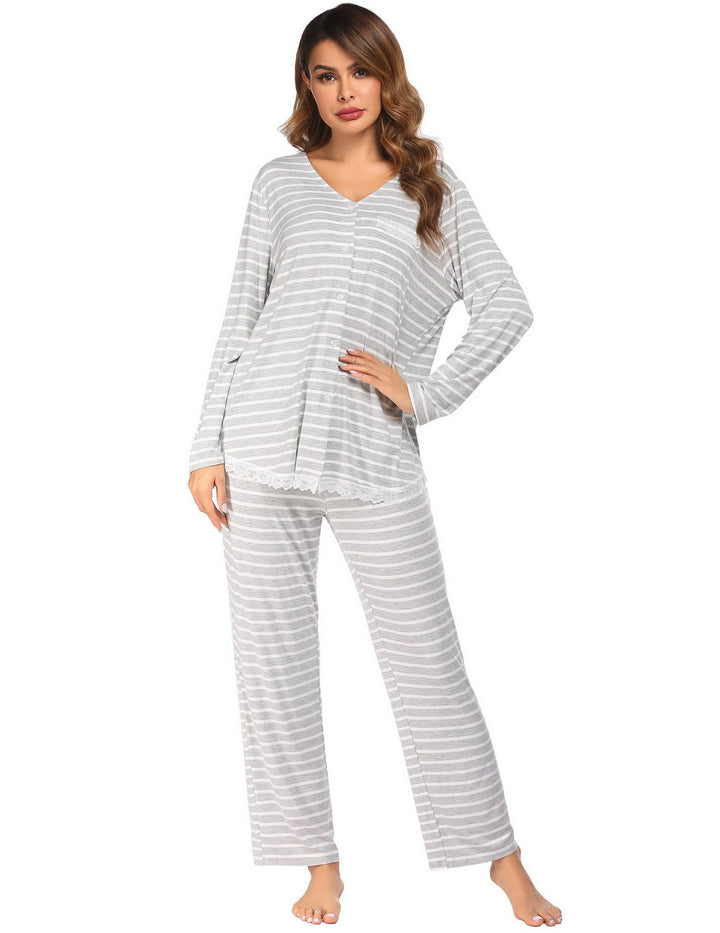 Levoire | dentelle-nuisette Manches longues Pantalons longs Ensemble maison Gris clair avec des rayures blanches