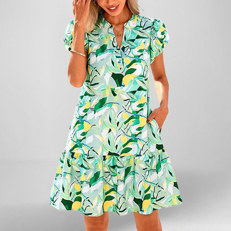 Robe courte à manches courtes fluides pour femmes avec ourlet froncé raffiné Levoire