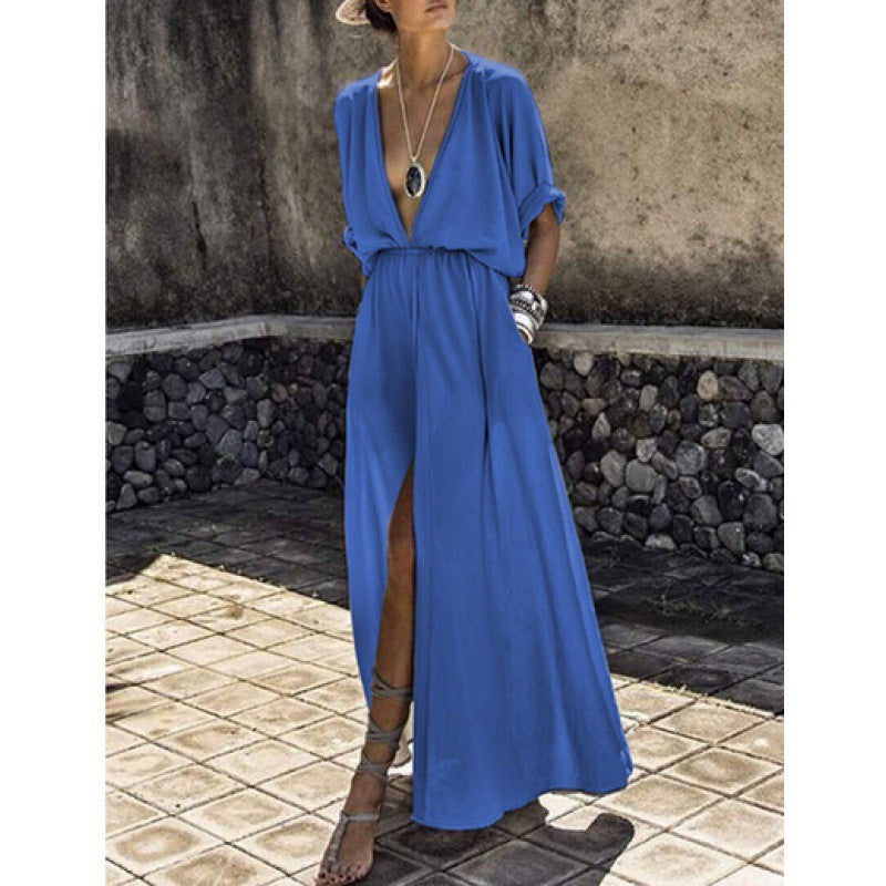 Robe maxi femme avec décolleté en V profond et fente sophistiquée Levoire