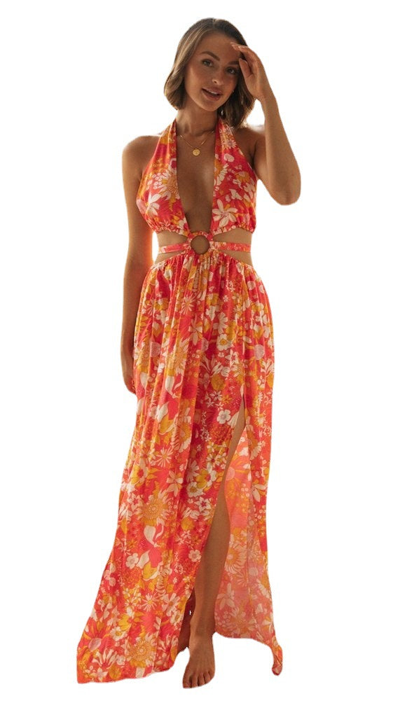 Robe maxi pour femmes avec un design floral et un décolleté en V profond Levoire