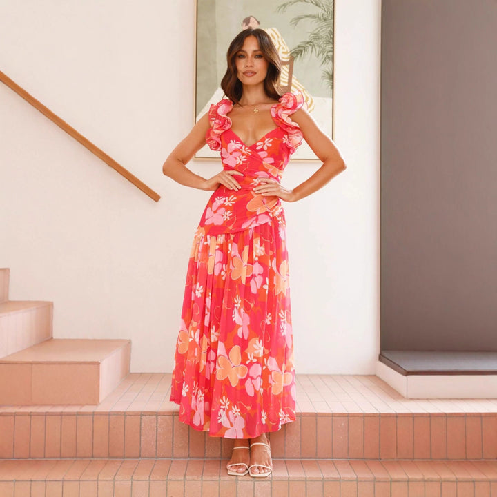 Robe maxi fluide pour femme avec volants volumineux et décolleté en V Levoire