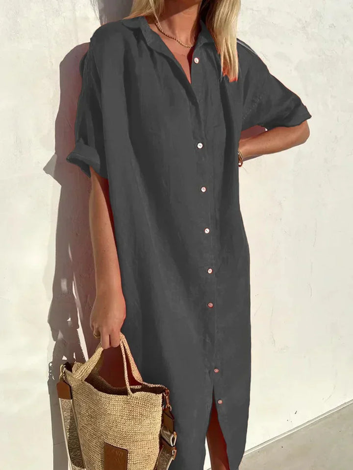 Levoire | Robe à boutons à manches amples, élégante et décontractée, pour femmes robes en coton et en lin Gris foncé
