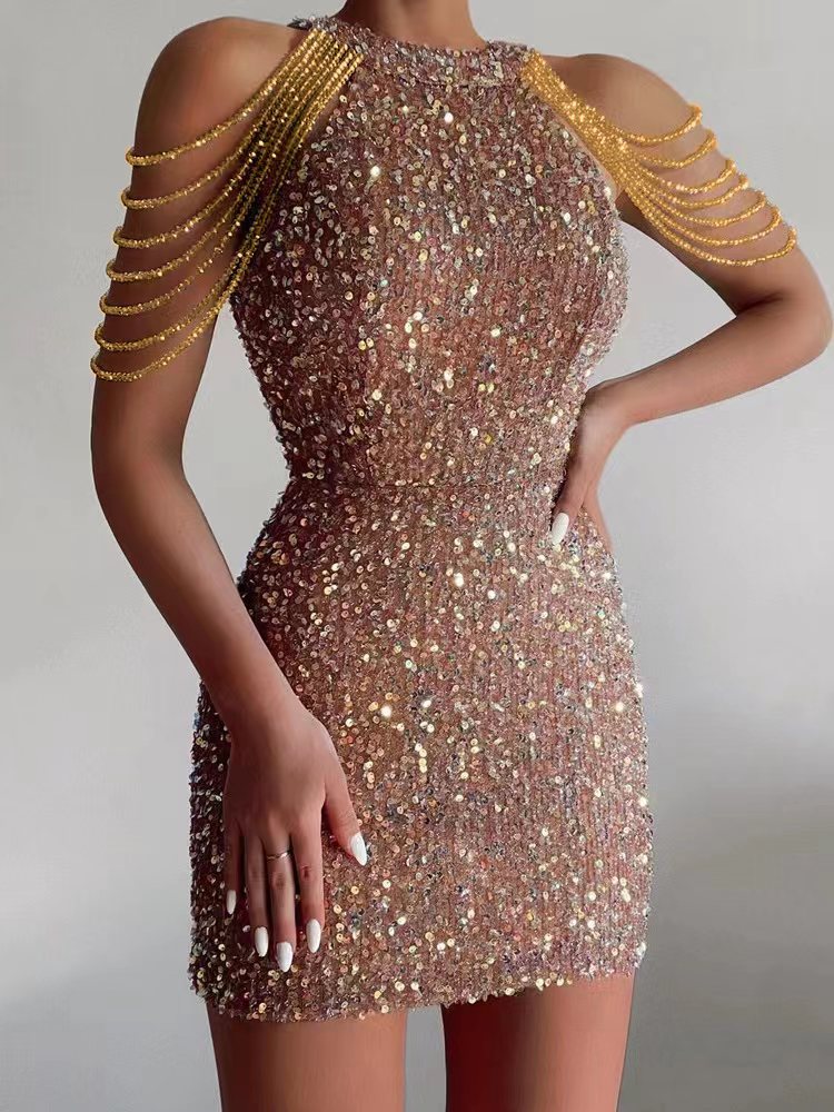 Levoire | Robe à franges en cristal à dos nu Rose
