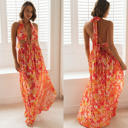 Robe maxi pour femmes avec un design floral et un décolleté en V profond Levoire