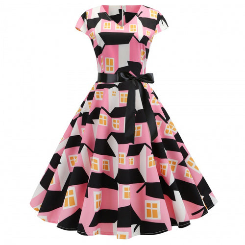 Robe swing femme avec imprimé maison et une ceinture étroite à la taille Levoire