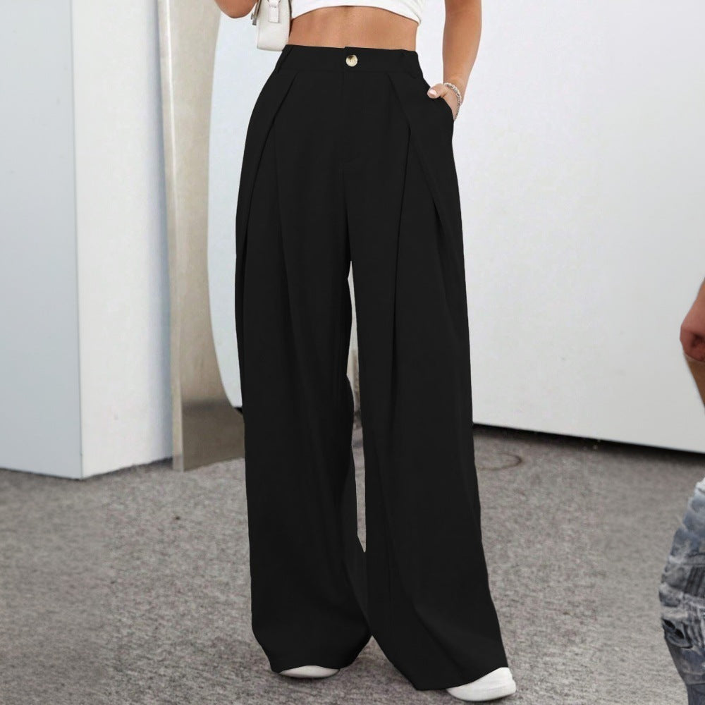 Pantalons palazzo taille haute généreux pour femme avec plis élégants et bouton visible Levoire