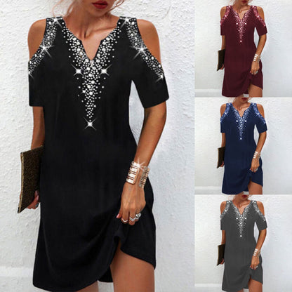 Levoire | Chic V-découpe robe à épaules dénudées imprimée à manches courtes