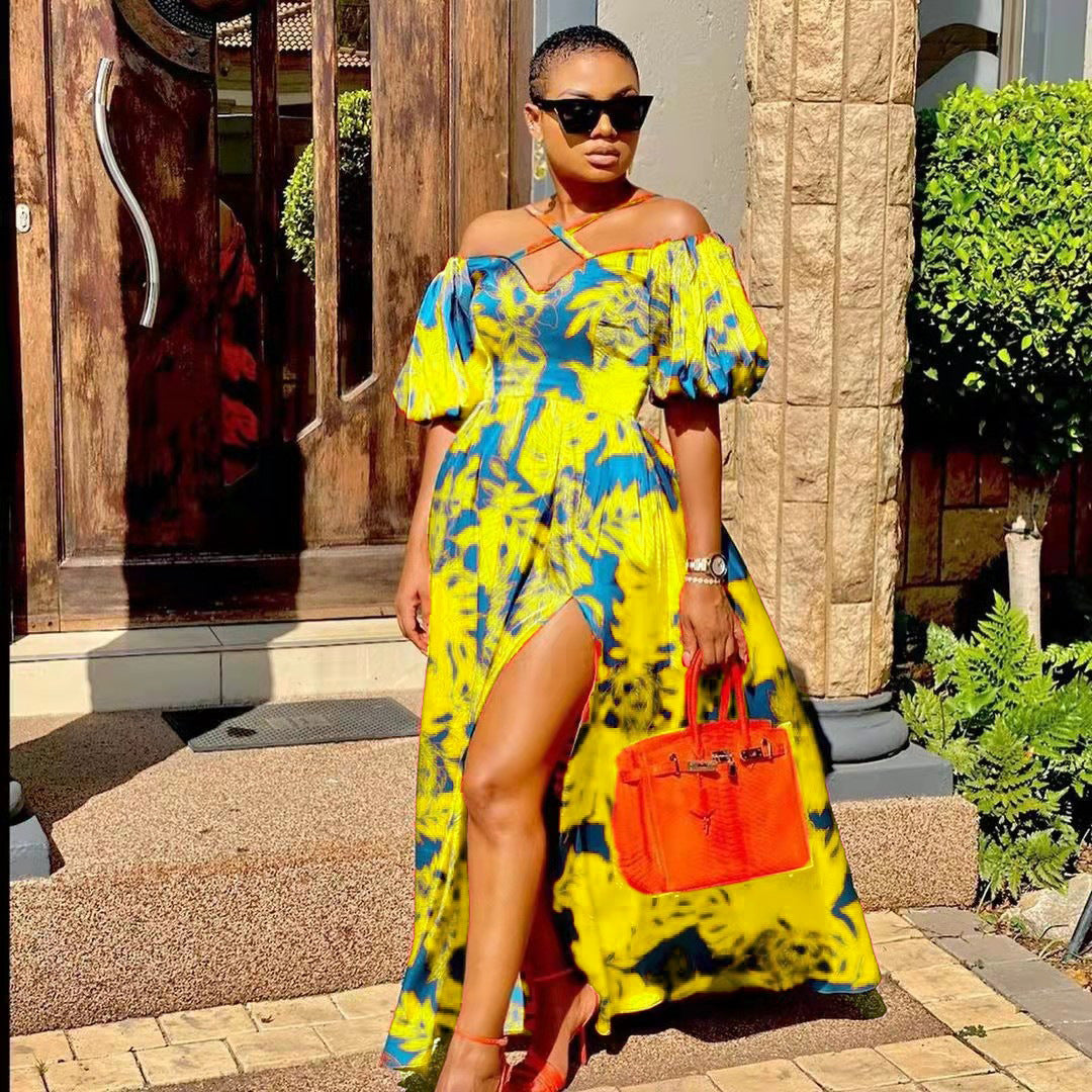 Levoire | Élégant Halter-decolleté Maxi-Robe à Manches Off-Shoulder V Jaune