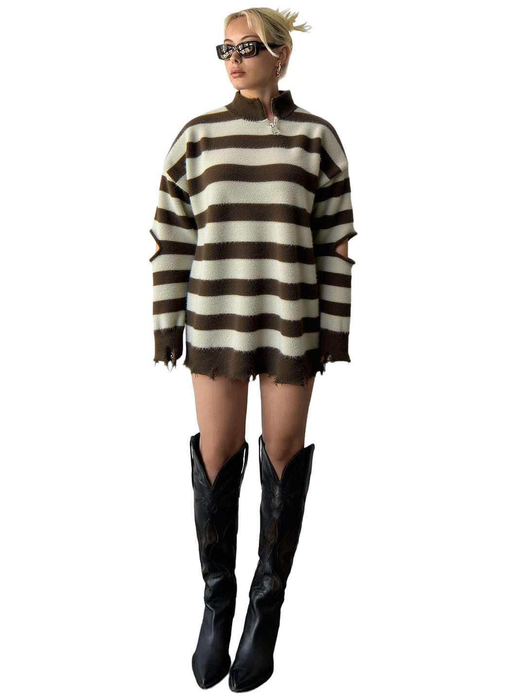 Pull en tricot surdimensionné pour femmes avec fermeture éclair et découpes latérales Levoire