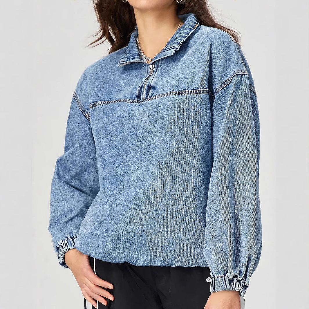 Pull en denim pour femmes, ample, avec col montant et fermeture éclair Levoire